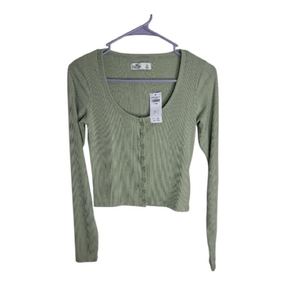 Hollister Women’s Light Green Ribbed Button-Down Crop Top Shirt Size XS NWT